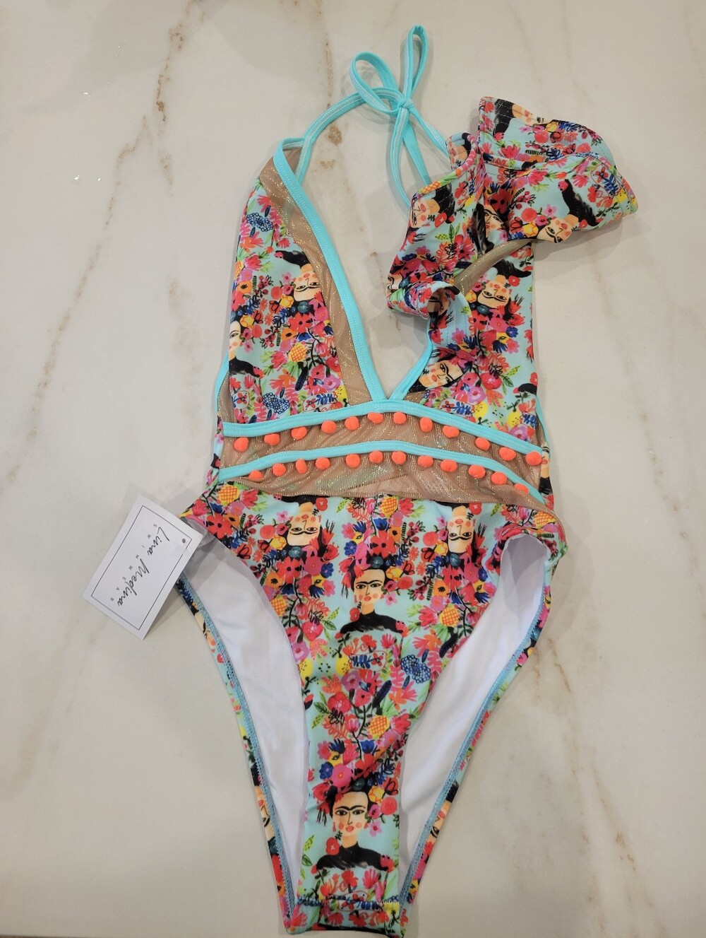 NWT Lina Medina swimwear Frida Kahlo Onepiece Monokini Asymmetrical pom pom  xs
